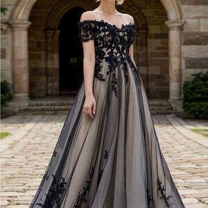 Off-Shoulder Black Lace Wedding Dress with Tulle Skirt
